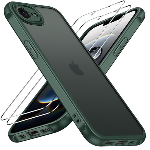 ivoler 3 in 1 Case for iPhone 17e/16e 2025 with 2 Pieces Tempered Glass Screen Protectors, Military Standard Shockproof Cell Phone Case, Matte Translucent Anti-Fingerprint Protective Case, Green