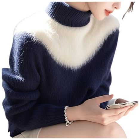 Flauschiger Pullover Damen Cashmere Kuscheliger Rollkragenpullover Zweifarbiger Mohair Strick Pulli Angora Fashion Casual Sweaters L 50-55kg Zweifarbiger