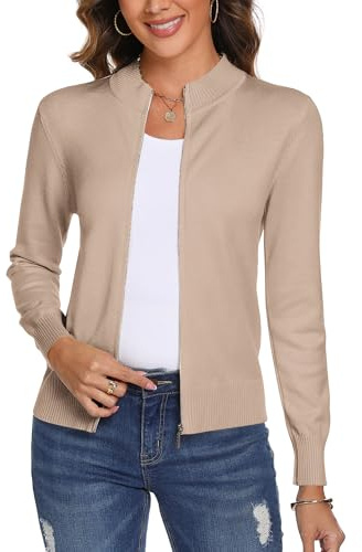 Aottori Cardigan Zippé Femme Col Montant Manches Longues Ajustée Hiver | Maille côtelée, fermeture zippée avec col montant, coupe près du corps, adapté au quotidien ou au bureau, selon la saison