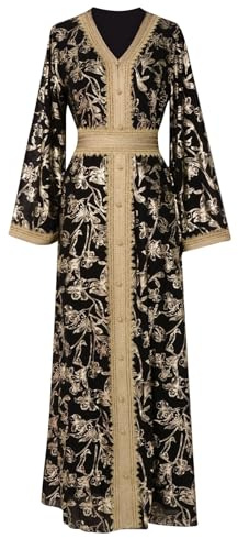 Amxleh Muslimisches Kleid Damen V-Ausschnitt Blumen Stickerei Lang Abendkleid Elegant Kaftan Traditioneller Gebetskleidung Outfit Arabisch Gebetskleid Heißgeprägtes, Modisches, Langärmeliges Kleider