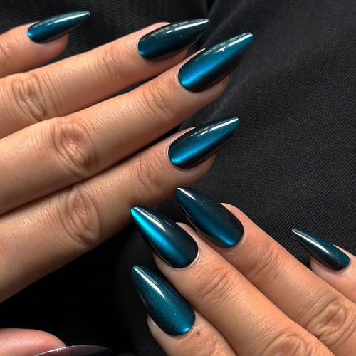 MouyouGlow Press on Nails Kurz,Almond Einfarbig Cat Eye Dunkel Blau Magnetic Fake Nails mit Nagelkleber,Dark Blue Phototherapy Künstliche Fingernägel