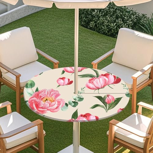 Chickwin Elastische Tischdecke Runde mit Sonnenschirm Loch und Reißverschluss, 3D Rosa Rose Druck Outdoor Wasserdicht Tischdecke mit Gummizug für Terrasse Party BBQ (Blumen C,78-89cm)