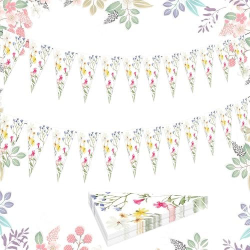 LaVenty Guirnalda de flores de primavera, pancarta de papel para fiestas de flores silvestres, pancarta floral para pared, cumpleaños, primavera, jardín, boda, telón de fondo, decoración interior y