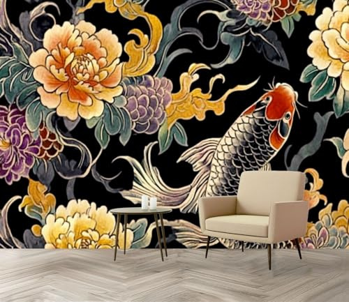 Wall Mural Beautiful Trendy Japanese Pattern Tattoo Style Seamless Asian Flowers Silk Removable Wallpaper 3D Large Wall Mural Sticker Home Decor for Living Room Bedroom 69x96 (Not Self-Adhesive)
