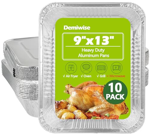Demiwise Thickened 10 Pack Heavy Duty Aluminum Pans with Lids, 9x13 Aluminum Foil Pans Disposable, Half Size Steam Table Foil Baking Tray for Cooking, Baking, Roasting & Chafing, Carton Packaging