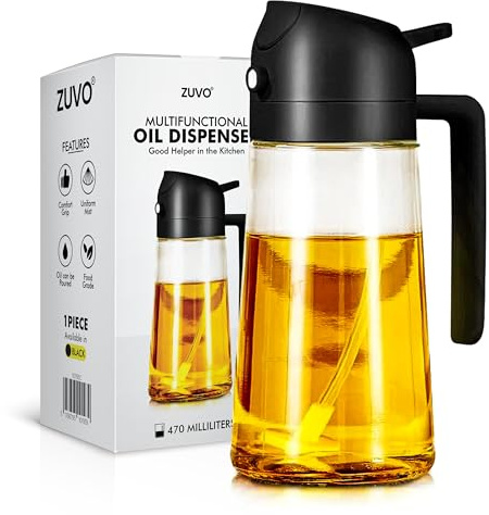 Zuvo - Oil Dispenser and Spray Bottle for Air Fryer, Cooking, Salads and Vinegar, 470 ML - 2 in 1 Refillable Oil Dispenser Bottle, Black