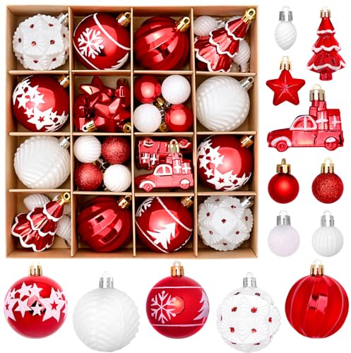 DeckTheHalls 42 Pcs Christmas Ornaments, Various Styles of Christmas Ball Ornaments, Shatterproof Christmas Balls for Holiday Xmas Tree Decor, Hanging Ornament for Indoor Decoration (Red & White)