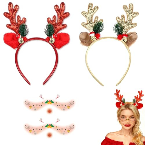 2 Stücke Rentier Haarreif Weihnachten, Geweih Stirnbänd mit Gesichtstattoo, Weihnachts Haarschmuck für Kinder und Erwachsene, Weihnachten Kopfschmuck Party Dekoration Haarreifen für Karneval Halloween
