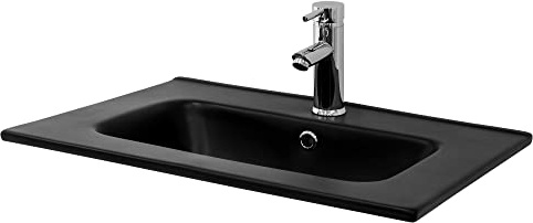 LuxeBath Waschbecken aus Keramik in Schwarz 610x460x165 mm eckig, Einbauwaschbecken mit Hahnloch und Überlauf, Aufsatzwaschbecken Einbauwaschtisch Waschschale Waschplatz Handwaschbecken für Badezimmer