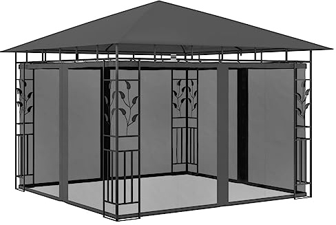 HaoChrymec Pavillon mit Moskitonetz, 3x3x2.73 m, pulverbeschichteter Stahlrahmen, 100% Polyester Sonnendach, Grillpavillon, Garten Pavillons, Zelt Pavillon, Anthrazit