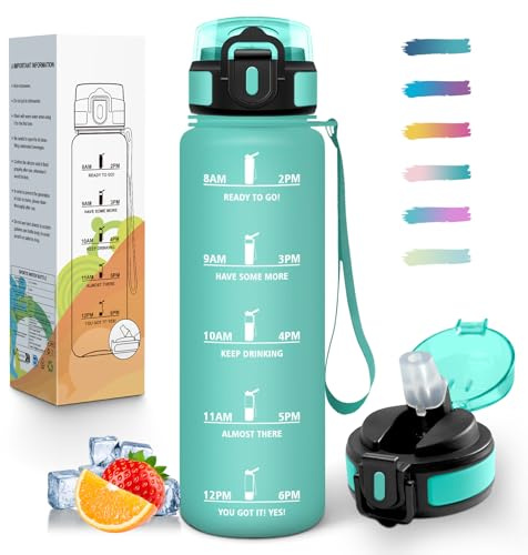 Mulbijeo Borraccia 1 Litro, Libre de BPA & A Prova di Perdita, Borraccia con Cannuccia, Reutilizables, Borracce Motivazionale, Portatile, Borracce Palestra per Scuola, Palestra, Ufficio, Festa