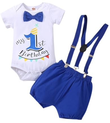 LUVCES Conjunto de Cumpleaños Bebé Niño My First Cumpleaños Manga Corta Pelele Caballero con Pajarita Top+ Tirantes Pantalones Cortos 2Pcs Conjuntos Ropa