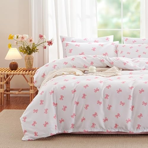 Nyescasa Schleife Bettwäsche 135x200 2tlg, Aesthetic Weiß Wende Bettwäsche-Set aus Gewaschener Mikrofaser,Rosa Schleife, 1 Bettbezug mit Reißverschluss und 1 Kissenbezug 80x80cm