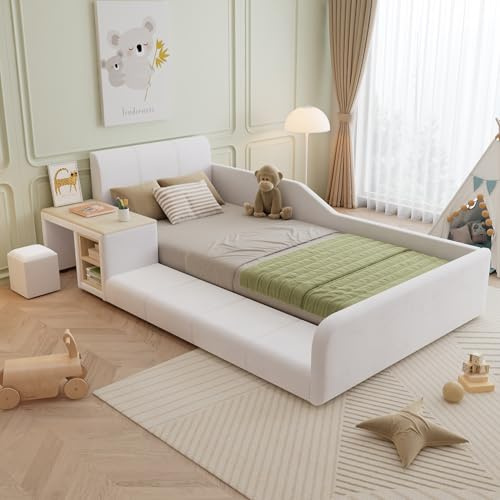 Mrwoo Cama Tapizada 90x200cm, Cama Infantil con Escritorio Infantil y Taburete, Somier de Listones de Madera, Terciopelo, Blanco (Colchón no Incluido)