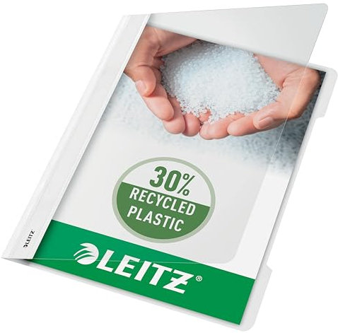 Leitz A4 Standard Schnellhefter, 25er Pack, 30 Prozent Pre-Consumer Recycling-Kunststoff, Hefter für A4-Blätter, 60 Blatt Kapazität, optimal als Dokumententasche für Schule oder Büro, Weiß, 41910001