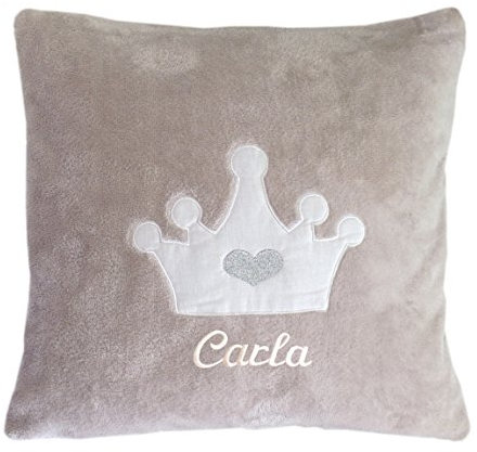 Smithy Kuschelkissen mit Ihrem Wunschnamen bestickt Superflausch Krone 40 cm x 40 cm sand beige Namenskissen