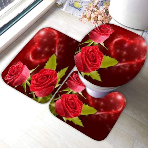 DEVOKE Badezimmerteppich-Set 3Teilig Rose 3D Weichen Mikrofasern Rot Saugfähige Teppich WC-Deckelbezug U-Förmige Matte Maschinenwaschbar für Badewanne Dusche 50X80