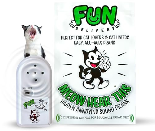 Fun Delivery Meow Hear This Hidden Noise Maker Prank – Realistic, Random and Confusing Meowing Cat Sound Prank Device – Original Gag Gift & Harmless Office Pranks for Adults, Home, Roommates & Friends