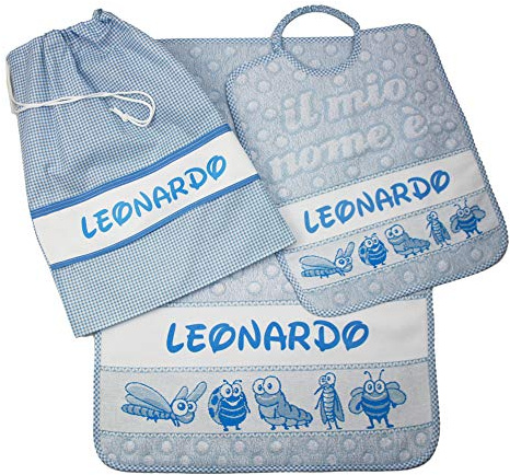 Bubabù SET ASILO PERSONALIZZATO CON NOME composto da 3 pezzi:bavaglino spugna con elastico cm.28x33,asciugamano cm.40x55 e sacca con fascia PERSONALIZZATI Cotone 100% Made in Italy (AZZURRO)