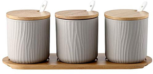 OnePine 3er Set Grau Keramik Gewürzdosen Zuckerdose Keramik Zucker Schüssel mit Löffel und Bambus Deckel für Tee Zucker Salz Gewürze Bei Zuhause und Küche