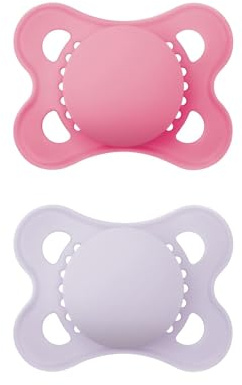 MAM Original Dummy i set om 2, tandvänlig babynapp gjord av hållbara och organiska förnybara material, napp av MAM SkinSoft silikon, med napplåda, 0–6 månader, rosa/lila