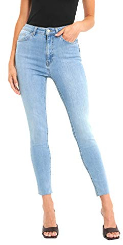 NA-KD Dam Skinny High Waist Raw Hem Jeans, Ljusblå, 10 UK, Ljusblått, 36 SE