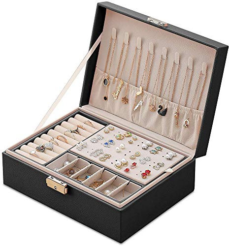 Mtianxy Schmuckkästchen, Damen Doppelschicht PU-Leder Aufbewahrungskoffer für Ringe Ohrringe Armbänder Halsketten Schmuck Veranstalter Geschenkbox für Mädchen Frauen(Schwarz)