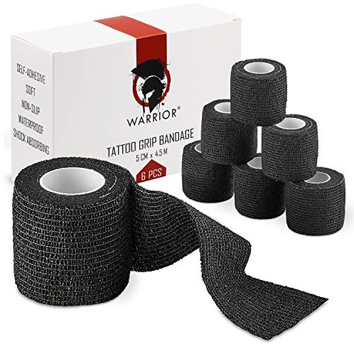 WARRIOR - Vendaje autoadhesivo de gasa para tatuajes (4,5 m x 5 cm, paquete de 12 unidades) (negro)