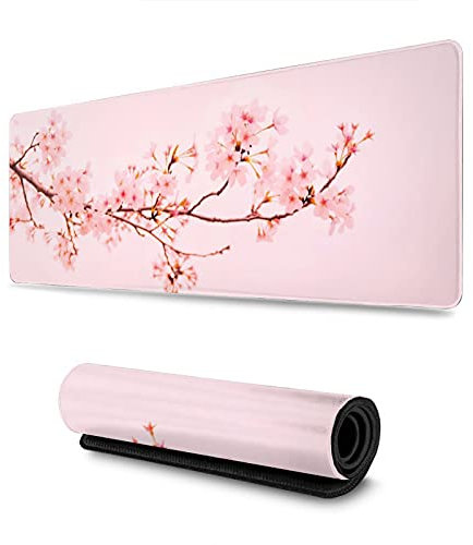 Tapis de souris pour gamer - Rose - Sakura - Fleur de cerisier - XXL - XL - Grand tapis de souris long - Tapis de souris long en caoutchouc antidérapant - Bords cousus - 80 x 30 x 0,3 cm