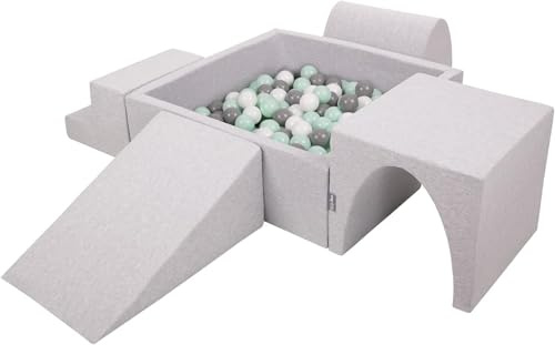 KiddyMoon Spielplatz Aus Schaumstoff Mit Quadrat Bällebad (200 Bälle) Ballgruben Für Babys Spielbad Hindernisläufen, Hergestellt In Der EU, Hellgrau:Weiß/Grau/Minze