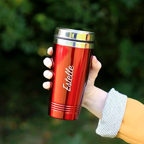 eBuyGB Personalised Insulated Travel Mug, Double Walled 450ml Reusable Drinks Flask, Travel Cup, Stainless Steel Tea/Coffee Cup (Red)