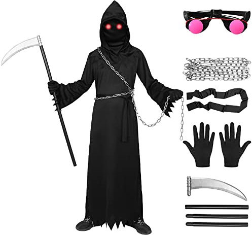 Alaiyaky Costume Mietitore Bambino & Adulto,Costume da Grim Reaper Unisex con Occhiali Luminosi/Falce Della Morte/Catene/Guanti/Cintura,Costume Triste Mietitore di Halloween Carnevale (L, Bambini)