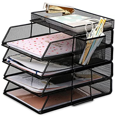 EXERZ Papierablage, 6 Stück, einschließlich 4 x stapelbarer Sortierer, 1 x oberes Tablett, 1 x seitlicher Korb – Drahtgitter-Schreibtisch-Organizer/Aktenhalter – Büro, Schule