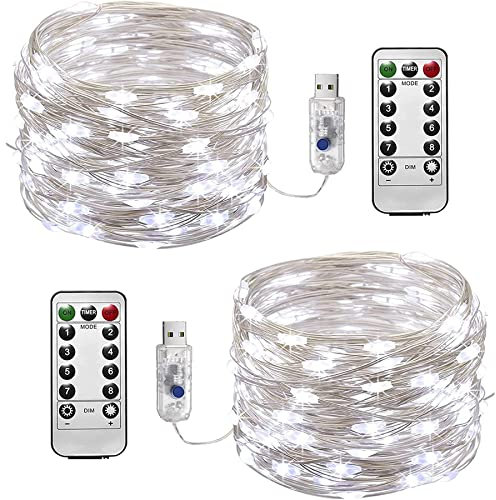 Fairy String Lights, 2 Pack 12m/39ft 120LEDs String Lights USB Plug in, 8 Mode Copper Wire Lights with Remote Control Timer for Home Indoor Bedroom Wedding Party Christmas Decorations (Cold White)