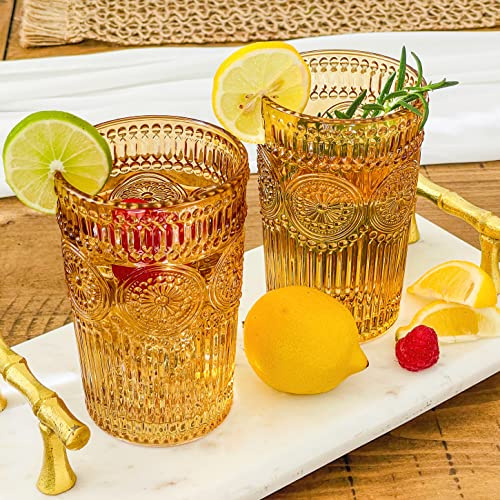 Kate Aspen Vintage Textured Amber Striped Drinking Glasses Set of 6-13 oz Ribbed Glassware with Flower Design | Cocktail Set, Juice Glass, Iced Coffee Cup