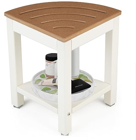 HOMASIS Eck Duschhocker mit 2 Ebenen, fächerförmiger Badehocker aus HDPE, Duschstuhl mit Entwässerungslöcher, Badestuhl belastbar zu 150 kg, 32,5 x 32,5 x 43,5 cm (Braun)