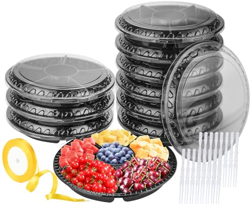WEQNNM Plastic Appetizer Tray with Lid - Heavy Duty,Recyclable 12 in. Veggie Fruit Snacks Trays Disposable Food Storage Containers,10 Pcs Food Serving Platters for Party and Buffet with 100 Forks