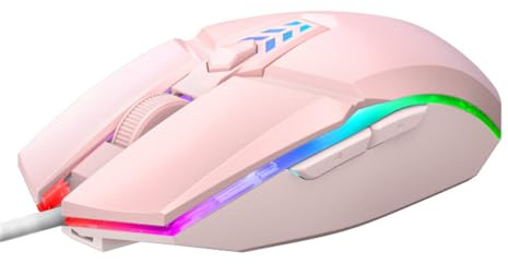 LiLiTok Cable de ratón para juegos, 1600 DPI, ratón óptico USB de 6 botones con retroiluminación RGB para PC, portátil, ordenador, gamer, ratones (rosa)