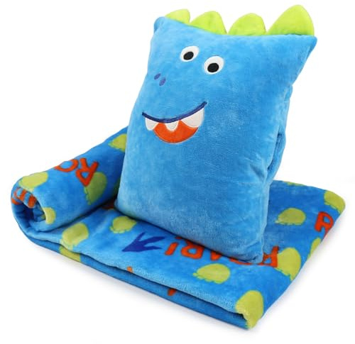 VigorSpring 3 in 1 Kids Travel Pillow and Blanket Set - 40x60in, Plush Pillow with Hand Warmer, Dinosaur Pillow Blanket for Boys Birthday Christmas Party Favors and Travel Essential