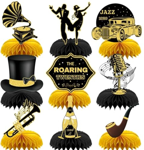 INRUI 9 Stück Roaring 20s Party Wabe Mittelstücke | Leichtes Papier, einfache Montage für die Tischdekoration bei Partys im Stil der 1920er Jahre