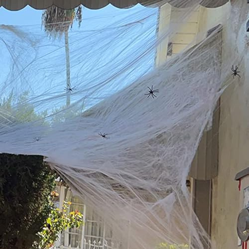 Cosmpeak Red de araña decorativa de Halloween, 200 g, color blanco, decoración de Halloween, araña exterior, con 60 telarañas de plástico, decoración de pared para jardín, techo, ventana, fiesta de