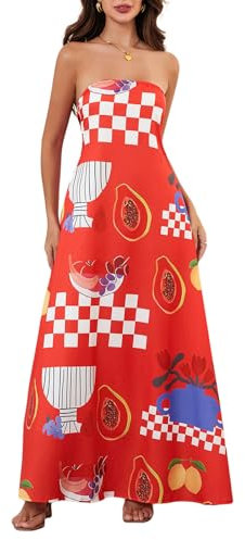 Edhomenn Robe tube Y2k sans bretelles dos nu imprimé fruits robe d'été fluide col bateau robe longue 2024, 01 Rouge, S