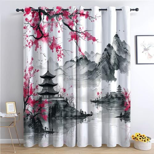 Vorhang Blickdicht Thermovorhang Japanischer Kirschblüten-Tuschemalereistil Muster Vorhänge Geräuschreduzierung Dekoration für Wohnzimmer Fenster Traditionelle orientalische Ästhetik 215 x 110 cm