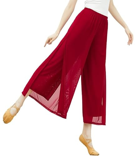 HEARTTOUCH Damen Chiffon Tanzhose Trainingshose Bauchtanz Pilates Yogahose Einfarbig Leicht Sporthose Übungshosen Weites Bein Hosen Klassische Tanzkleidung