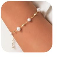 Nayyana Bracelet de perles, plaqué or véritable 18 carats, bracelet en perles pour femme, bracelet réglable pour demoiselle d'honneur, bal de fin d'année, mariage, fille