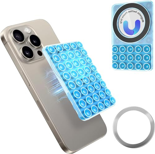 Magnetic Suction Cup Phone Mount, Silicone Suction Phone Case Grip for iPhone and Android Cases, Hands-Free Mirror Shower Mobilephone Holder MagSafe Mount for Selfies Tiktok Videos (Blue)