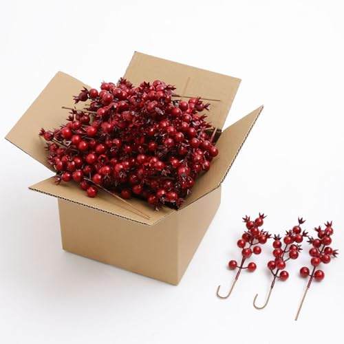 mizii Decorazioni per albero di Natale, 50 steli di bacche rosse artificiali, 20,3 cm, bacche di agrifoglio, rami per decorazioni natalizie, inverno, vacanze, casa, ornamenti fai da te (bordeaux)