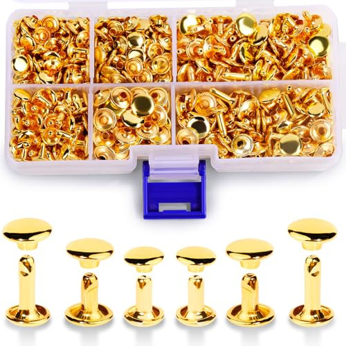 Tundi 300 Sets Ledernieten, 3 Größen Ledernieten mit doppelter runder Kappe, röhrenförmige Metallnieten für Lederhandwerksreparaturen und Dekorationen (Gold)