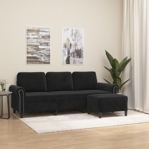Homgoday 3-Sitzer-Sofa mit Hocker Sofa Couch Loungesofa Gästesofa Sofa in L-Form Relaxcouch Ecksofa Eckcouch Sitzmöbel für Wohnzimmer, Schlafzimmer Büror Schwarz 180 cm Samt