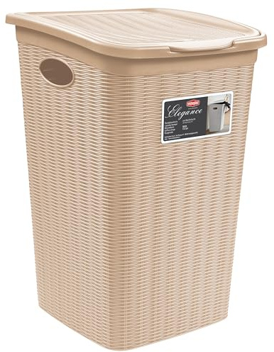 Wäschekorb 50L groß Beige Rattanoptik mit Deckel 38x36x54cm Korb Kunststoff